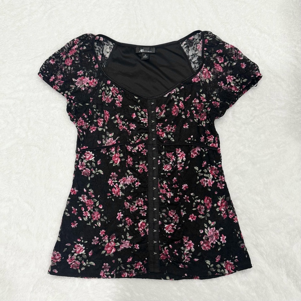 Y2K AB Studio Floral Pink Lace Corset Style Blouse